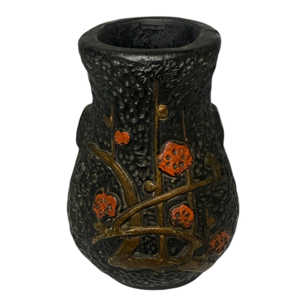 Vintage Japanese Tokanabe Mini Vase Black Textured Pottery Floral 4 Inch Japan